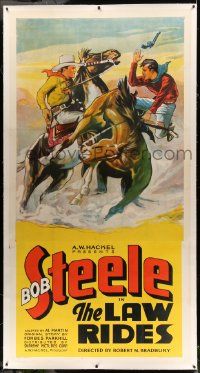 6t006 LAW RIDES linen 3sh '36 great action art of cowboy Bob Steele knocking bad guy off his horse!