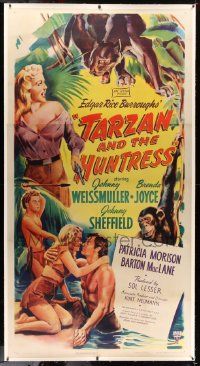 6t018 TARZAN & THE HUNTRESS linen 3sh '47 art of Johnny Weissmuller, Brenda Joyce & Sheffield!