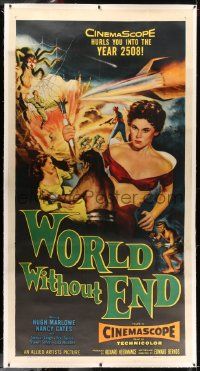 6t023 WORLD WITHOUT END linen 3sh '56 1st CinemaScope sci-fi thriller, different Reynold Brown art!