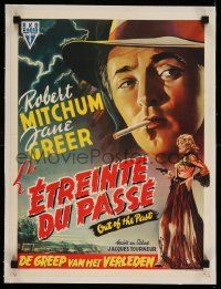 6t195 OUT OF THE PAST linen Belgian '49 different art of smoking Robert Mitchum & Jane Greer, rare!