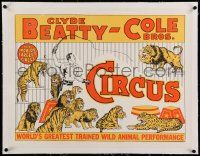 6t090 CLYDE BEATTY - COLE BROS CIRCUS linen 22x28 circus poster '50s great art of the lion tamer!