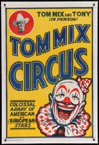 6t091 TOM MIX CIRCUS linen 28x41 circus poster '32 great portrait of the cowboy star + clown art!