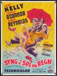 6t231 SINGIN' IN THE RAIN linen Danish '52 Gaston art of Gene Kelly, O'Connor & Debbie Reynolds!