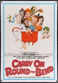 6t322 CARRY ON ROUND THE BEND linen English 1sh '71 Sidney James, wacky Renato Fratini art of cast!