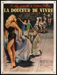 6t161 LA DOLCE VITA linen French 1p '60 Federico Fellini, art of Mastroianni & sexy Ekberg by Thos!