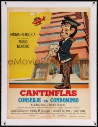 6t243 CONSERJE EN CONDOMINIO linen Mexican poster '74 cartoon art of condo concierge Cantinflas!