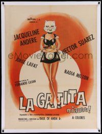 6t246 LA GATITA linen Mexican poster '72 wild cartoon artwork of sexy maid with a cat's head!