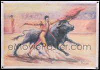 6t120 UNKNOWN ART PRINT linen 26x38 art print '70s Renau art of matador fighting bull in arena!