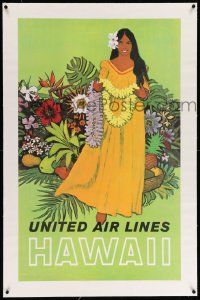 6t075 UNITED AIR LINES HAWAII linen 25x40 travel poster '60s Galli art of native girl holding lei!