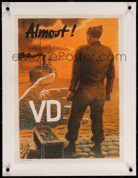 6t083 ALMOST VD linen Australian 16x23 WWII war poster '46 Shiffers art of discharged soldier delayed by VD!