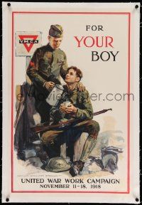 6t079 FOR YOUR BOY linen 20x30 WWI war poster '18 art of soldiers at YMCA by Arthur William Brown!