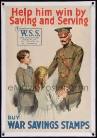 6t080 HELP HIM WIN BY SAVING & SERVING linen 20x30 WWI war poster '18 buy war savings stamps!