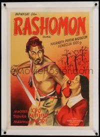 6t222 RASHOMON linen Yugoslavian 20x28 '50s Akira Kurosawa classic, Ivanisevic art of Mifune & Kyo!