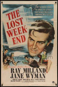6w086 LOST WEEKEND 1sh '45 art of alcoholic Ray Milland c/u & w/ others, directed by Billy Wilder!