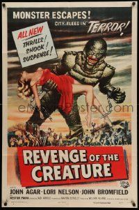 6w090 REVENGE OF THE CREATURE 1sh '55 art of the monster holding sexy girl by Reynold Brown!
