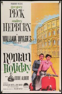 6w091 ROMAN HOLIDAY int'l 1sh R60 Audrey Hepburn & Gregory Peck on Vespa by Coliseum, ultra rare!