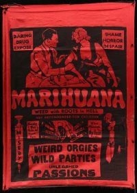 6w110 MARIHUANA silk banner '35 Dwain Esper daring drug expose, The Weed with Roots in Hell, rare!