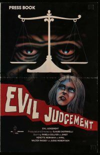 6x537 EVIL JUDGEMENT pressbook '84 wild artwork of creepy eyes looming over girl & balanced scale!