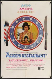 6y027 ALICE'S RESTAURANT 1sh '69 Arlo Guthrie, musical comedy directed by Arthur Penn, R-rated!