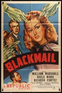 6y092 BLACKMAIL 1sh '47 cool film noir art of green hands pointing at Adele Mara!