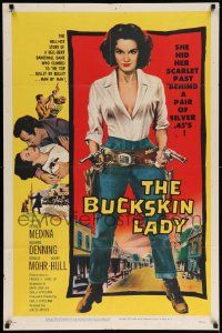 6y117 BUCKSKIN LADY 1sh '57 sexy full-length bad cowgirl Medina with both guns drawn!