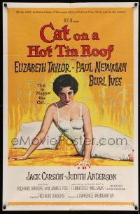 6y133 CAT ON A HOT TIN ROOF 1sh '58 Taylor as Maggie the Cat, flaming art by Reynold Brown!