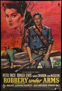 6y661 ROBBERY UNDER ARMS English 1sh '57 great art of Maureen Swanson & cowboy Peter Finch!
