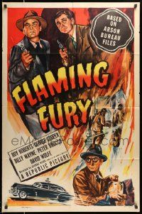 6y249 FLAMING FURY 1sh '49 from Arson Bureau files, cool artwork of firefighters & detectives!
