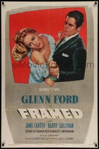 6y257 FRAMED 1sh '47 cool art of Glenn Ford grabbing Janis Carter out of the frame, film noir!