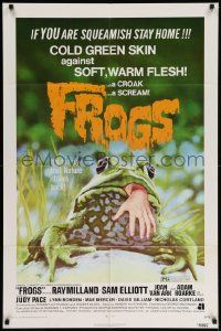 6y262 FROGS 1sh '72 great horror art of man-eating amphibian with human hand hanging from mouth!