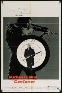 6y271 GET CARTER 1sh '71 cool image of Michael Caine holding shotgun!