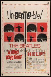 6y306 HARD DAY'S NIGHT/HELP 1sh '65 images of the Beatles, ultra rare double-bill, un-Beatle-able!