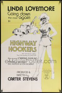 6y329 HIGHWAY HOOKERS 1sh '76 artwork of sexy Linda Lovemore, going down the road again!