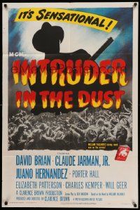 6y379 INTRUDER IN THE DUST 1sh '49 William Faulkner, silhouette of man with rifle over huge crowd!