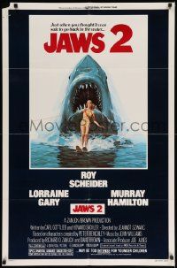 6y385 JAWS 2 1sh '78 great classic art of giant shark attacking girl on water skis by Lou Feck!