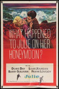 6y399 JULIE 1sh '56 what happened to Doris Day on her honeymoon with Louis Jourdan?