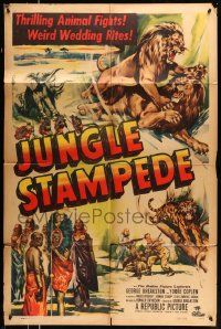 6y402 JUNGLE STAMPEDE 1sh '50 cool artwork of wild jungle animals attacking + nude native!