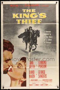 6y419 KING'S THIEF 1sh '55 Ann Blyth romancing Edmund Purdom & art of masked Purdom on horse!