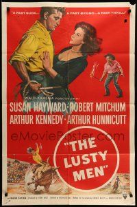 6y462 LUSTY MEN 1sh '52 art of Robert Mitchum with sexy Susan Hayward & riding on bull!