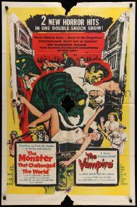6y506 MONSTER THAT CHALLENGED THE WORLD/VAMPIRE 1sh '57 two horror hits in a double-shock show!