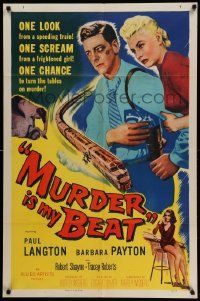 6y515 MURDER IS MY BEAT 1sh '55 Edgar Ulmer film noir, Barbara Payton, cool speeding train art!