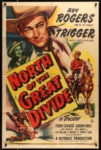 6y551 NORTH OF THE GREAT DIVIDE 1sh '50 great art of cowboy Roy Rogers + riding on Trigger!