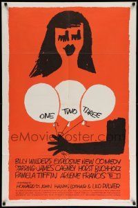 6y567 ONE, TWO, THREE 1sh '62 Billy Wilder, James Cagney, Saul Bass art of girl w/ balloons!