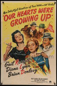 6y571 OUR HEARTS WERE GROWING UP style A 1sh '46 full-length art of sexy Gail Russell & Diana Lynn!