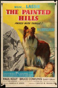 6y575 PAINTED HILLS 1sh '51 wonderful art portrait of Lassie + saving man falling from cliff!