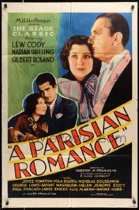 6y581 PARISIAN ROMANCE 1sh '32 Lew Cody, Marian Shilling & Gilbert Roland in love triangle!