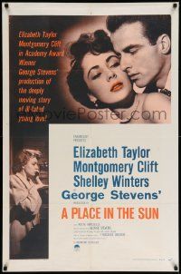 6y591 PLACE IN THE SUN 1sh R59 Montgomery Clift, sexy Elizabeth Taylor, Shelley Winters