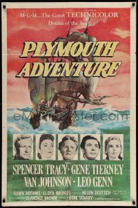 6y594 PLYMOUTH ADVENTURE 1sh '52 Spencer Tracy, Gene Tierney, cool art of ship at sea!
