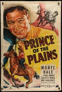 6y603 PRINCE OF THE PLAINS 1sh '49 art of cowboy Monte Hale close up & riding his horse!