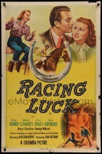 6y617 RACING LUCK 1sh '48 Gloria Henry, David Bruce, jockey Stanley Clements, horse racing!
